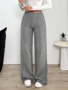 EURMUSE Women Solid Cable Knit Wide Leg Sweater Pants - Light Grey - View 1