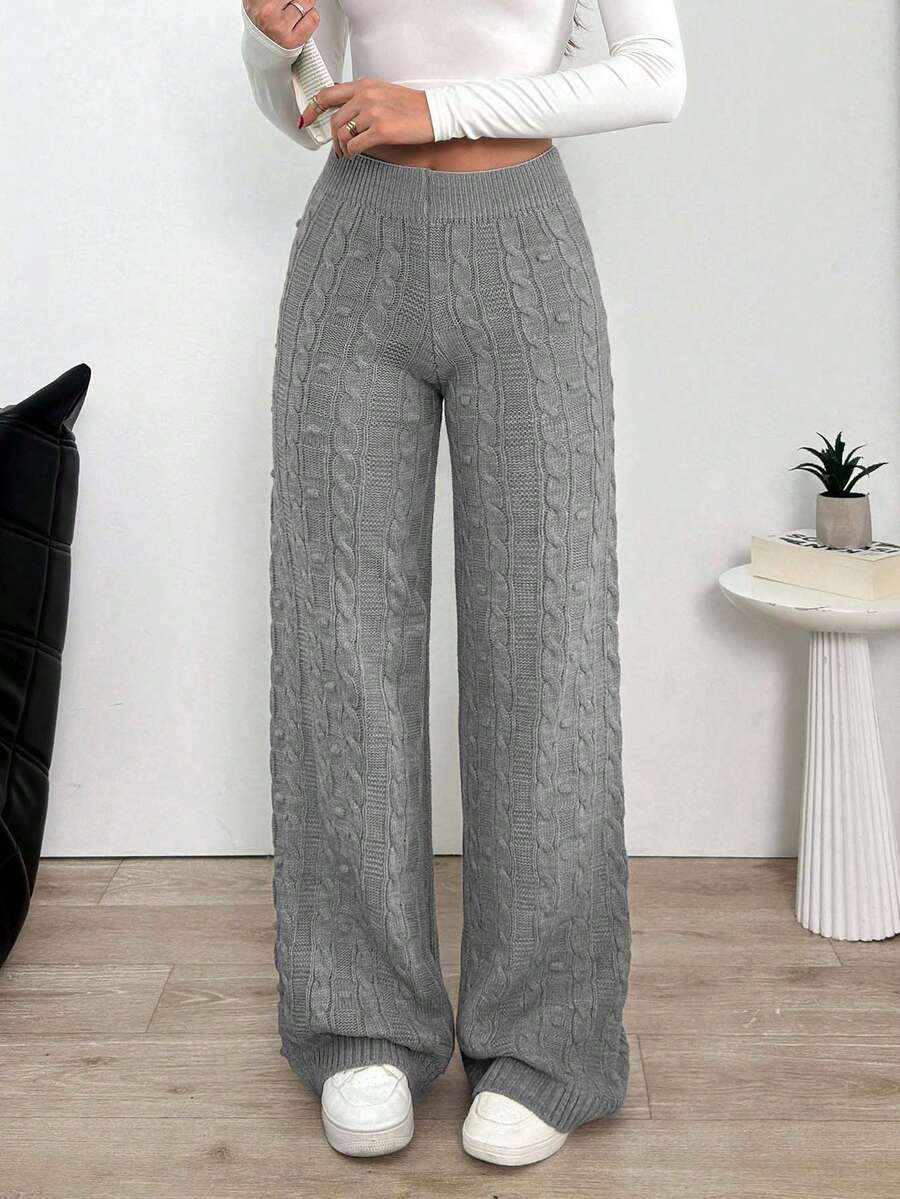 EURMUSE Women Solid Cable Knit Wide Leg Sweater Pants - Light Grey - View 1