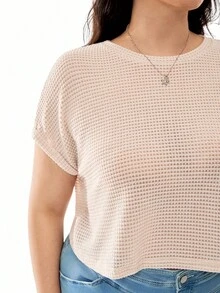 SHEIN EZwear Camiseta De Mujer Talla Grande De Cuadros, Manga Corta Y Cuello Redondo - Beis - Ver 5