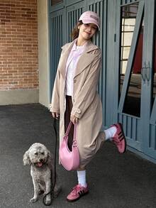 1 件青少年女孩翻领长袖宽松长款风衣夹克，秋季休闲通勤外套 - 卡其色 - 查看 6