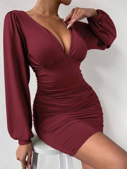 Chiquease Women's Casual Solid Color Deep V-Neck Ruffle Trim Fitted Long Sleeve Dress