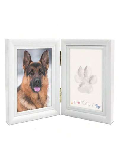 1 件白色木制相框宠物爪印套装带粘土纪念品礼物适用于猫狗桌面家居装饰周年纪念