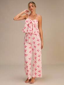 Enchnt Romantic Spaghetti Strap Bow Women Pajama Set ,Vacation - Pink - View 4