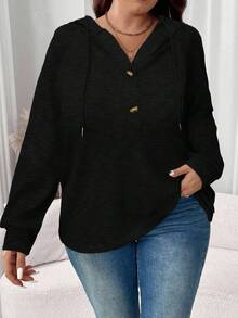 EMERY ROSE Damen Oversize Kapuzenpullover mit Kordelzug und Knopfverschluss aus Waffelstoff, lässig, Herbst & Winter Hoodies Weihnachtsoutfit für Frauen