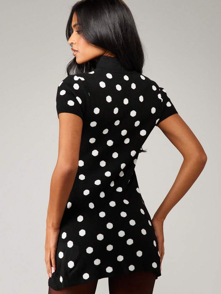 MISSGUIDED Retro Polka Dot Knit Mini Dress High Neck Keyhole Cut Out Short Sleeve Form Fitting Jacquard Pattern Fall Winter Party Sweater Dress