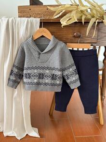 SHEIN Vintaside Kids 男童休闲几何图案针织毛衣和裤子套装，秋冬 - 彩色 - 查看 5