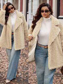 Vionelle Plus Size Fashion Solid Casual Long Sleeve Flip Collar Quilted Faux Teddy Fleece Jacket For Women Winter Autumn Fall