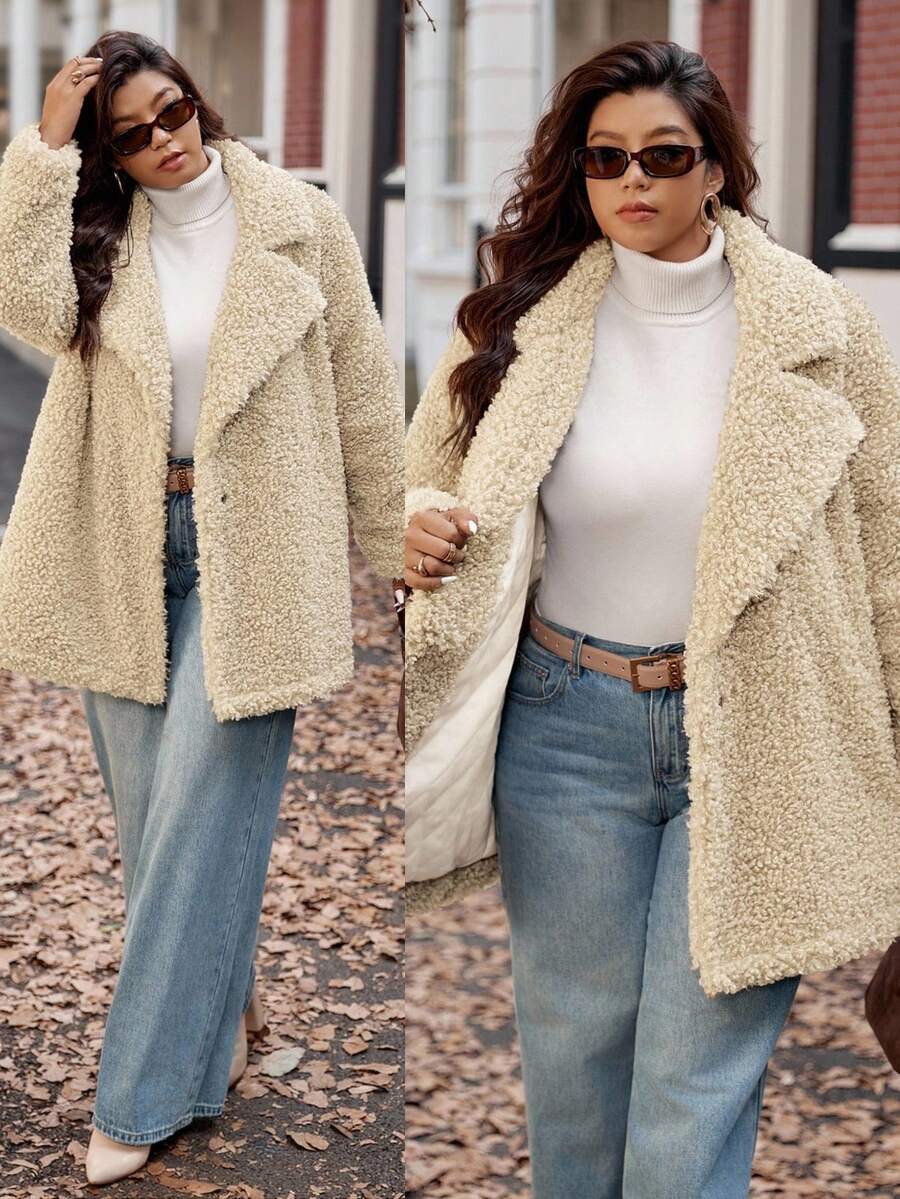 Vionelle Plus Size Fashion Solid Casual Long Sleeve Flip Collar Quilted Faux Teddy Fleece Jacket For Women Winter Autumn Fall