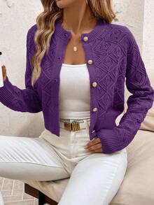 SHEIN Clasi Casual Solid Color Short Hollow-Out Knit Cardigan Autumn Winter Clothes For Women