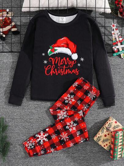 SHEIN 2pcs Kids/Tween Boys Snug Fit Teenage Boys' Video Game & Santa Hat Print Long Sleeve Top And Leggings Comfortable Pajama Set Casual Everyday  Printed Crew Neck Long Sleeve Pajama Set (Top And Pants) Snug Fit Christmas S