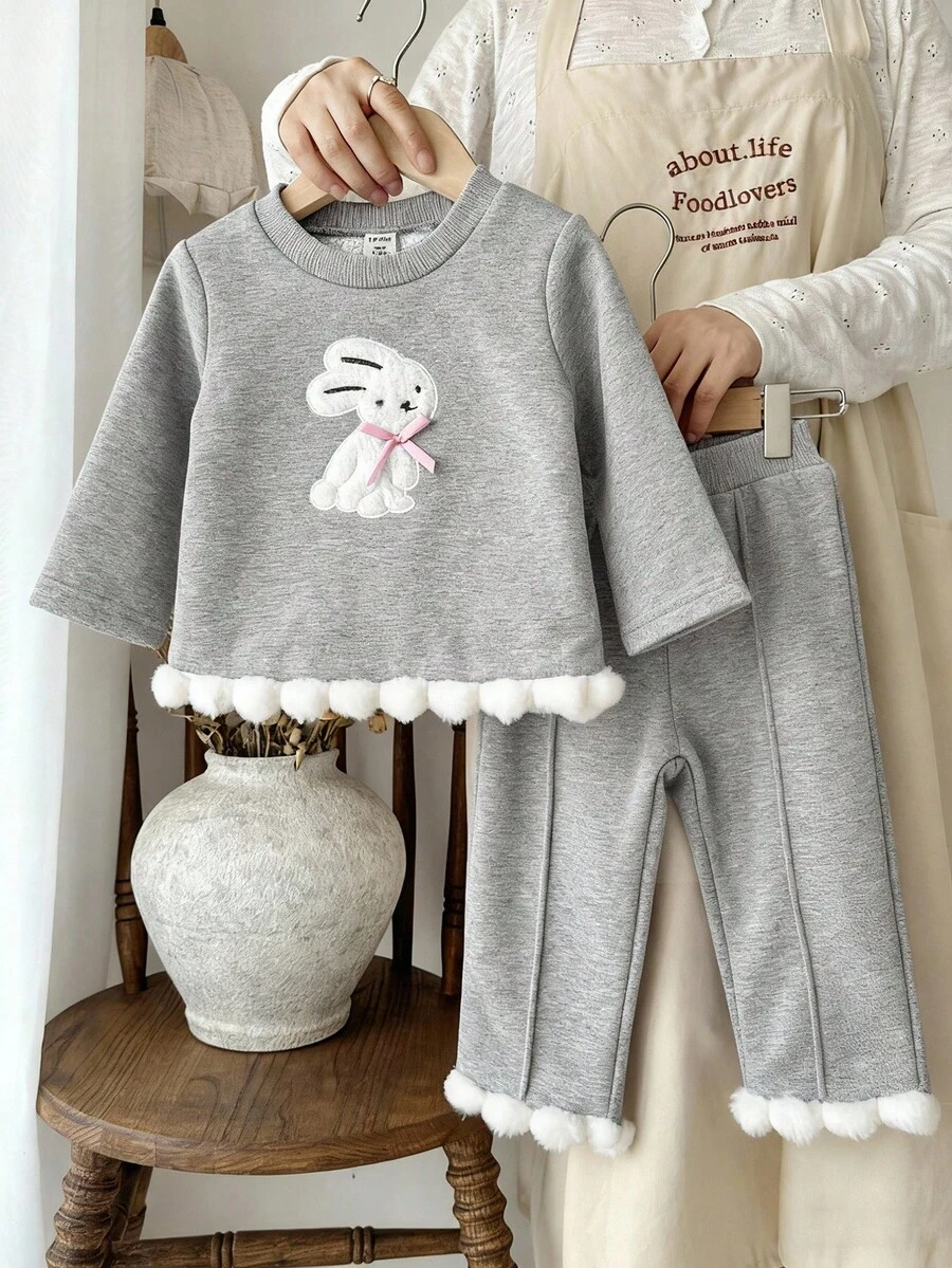 SHEIN Baby Girls Casual Cute Rabbit Embroidery Fuzzy Hem Round Neck Long Sleeve Knit Top And Flare Leg Pants Set, Autumn/Winter - Grey - View 1
