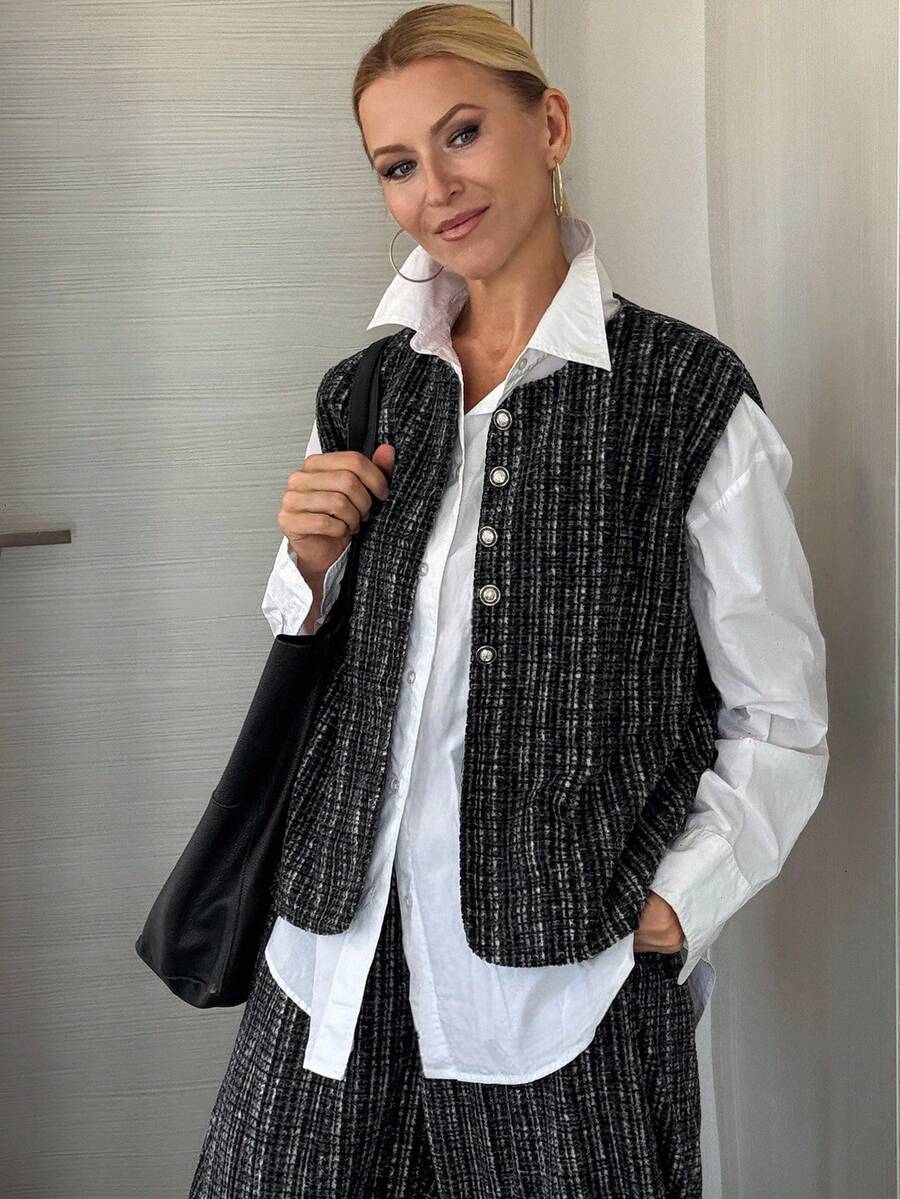 Vivie Lora 女士秋季单排扣马甲阔腿裤休闲宽松两件套家居服套装 - 黑色 - 查看 1