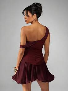 MISSGUIDED One Shoulder Corset Mini Dress With Frill Hem Evening Party Special Occasion Fitted Bodice Flounce Skirt Semi Formal Holiday Ball - Burgundy - View 2