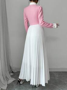 Elenzga Patchwork Button & Pleated Decor Women Dress Fall Cloth For Women