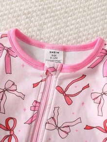 女婴粉色简约可爱蝴蝶结设计长袖连体衣，家居服，贴身女婴睡衣，拉链睡衣 - 粉色 - 查看 6