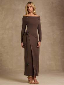 Glamine 2pcs/Set Elegant Party 3D Floral Decor Off Shoulder Top And Skirt - Mocha Brown - View 1