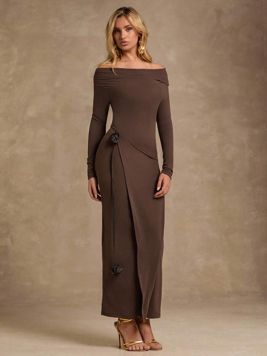 Glamine 2pcs/Set Elegant Party 3D Floral Decor Off Shoulder Top And Skirt - Mocha Brown - View 1