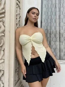 Nezia Cruz Damen Resort-Stil senfgelbes strukturiertes Bandeau-Top mit Twist-Detail vorne, figurbetontes Top mit Rüschenbesatz. Geeignet für Afternoon Tea, Straßenmode, Urlaub, Layering oder Partytragen, Herbst/Winter - Gelb - Übersicht 4