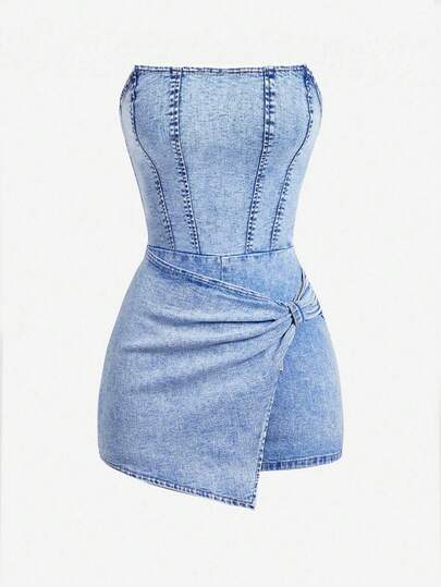 SHEIN MOD 女式不对称下摆扭纹牛仔连身裤