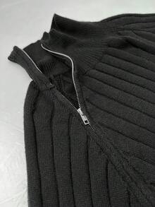 SHEIN LUNE 大码纯色简约休闲拉链长袖毛衣裙 - 黑色 - 查看 8