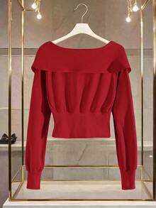 GlowEve 女式纯色蝴蝶结装饰长袖前扣时尚针织上衣 - 紅色 - 查看 2