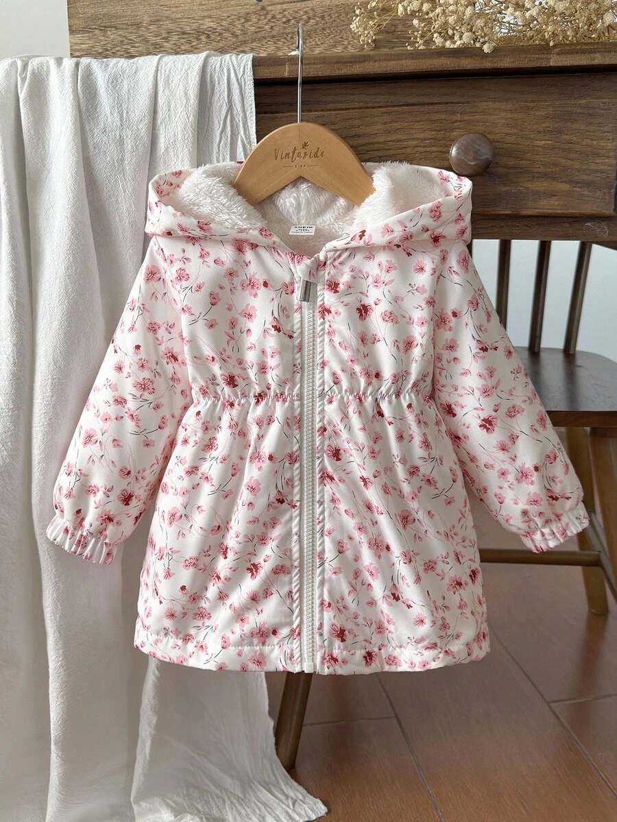 SHEIN Vintaside Kids 6个月至3岁女婴秋季休闲风格女童外套,花朵印花加厚保暖连帽夹克 - 粉色 - 查看 1