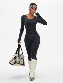 Slayform Slayform Dark Gray Women's Round Neck Long Sleeve Open Back Sports Bodysuit, Seamless Tummy Control, Frosted Jumpsuit Suitable For Exercise And Going Out - Dark Grey - View 3