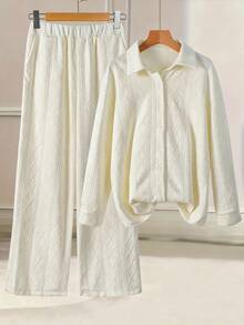 GlowEve 2pcs Textured Comfortable Casual Apricot Set, Autumn - Apricot - View 1