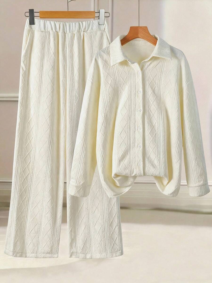 GlowEve 2pcs Textured Comfortable Casual Apricot Set, Autumn - Apricot - View 1