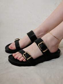 Solecia Casual Black Flat Sandals With Metal Square Buckle, Perfect For Vacation Spring Shoes Spring Break Easter For Christmas - Black - View 7