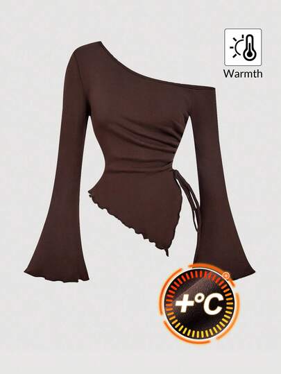 SHEIN MOD Camiseta de mujer de manga larga, asimétrica, con cordón y manga acampanada de felpa negra, hombros descubiertos, ropa de mujer para otoño/invierno, camiseta cómoda