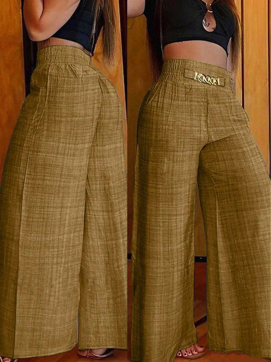 SHEIN Unity Women's Loose Wide Leg Blue Pants With Metal Chain Decoration For Summer Fall Cloth For Women - Brown - View 1