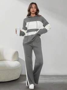 SHEIN Tall Two Tone Drop Shoulder Drawstring Hooded Sweater & Split Hem Knit Pants - Grey - View 6