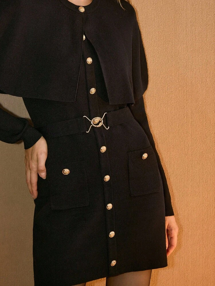 METAL BUTTON DECORATED PONCHO STYLE SWEATER DRESS