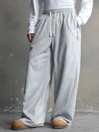 AXEPEAK 男士休闲日常通勤简约纯色抽绳腰斜口袋宽松阔腿运动裤