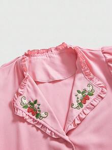 ROMWE Kawaii Women's Simple Short Sleeve Shirt With Flower Embroidery Decoration, Daily Wear - Pink - View 2