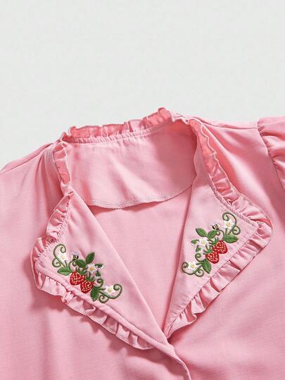 Kawaii Chemisier simple à manches courtes pour femmes avec décoration brodée de fleurs, habillement quotidien