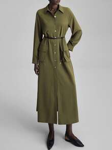 Ontre Urban Chic Style, Minimalist Comfort, Olive Green, Women's Long Dress, Flared Skirt, Stand Collar, Waist Cinched, Patch Pockets, Casual Dress, Relaxed Fit, Autumn Wear, Back To School, Business Casual, Commuter Outfit, 2025 New Arrival Modern Urban Casual Fashion Business Casual Women's Office Wear Low-Key Old Money Style Effortless Temperament High-End Urban Commuting High-Quality Airport Women's Wear High-End Material