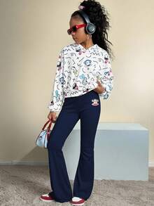 Paul Frank X SHEIN Tween Girls Fall/Winter Streetwear/Daily Wear/Chic Cartoon Embroidery Petite Bell Bottoms Pants,Halloween /Christmas/New Year/Thanksgiving - Navy Blue - View 2