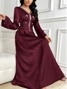 Al Najma 女式优雅长袖阿拉伯风格水钻装饰连衣裙 - 酒紅色 - 查看 7