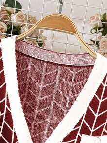 DreamSkyne 女式黑色针织 V 领几何提花撞色饰边口袋中长修身优雅厚实弹力开衫，适合万圣节、新年、情人节、感恩节、圣诞节、复活节、庆典、除夕 - 彩色 - 查看 4