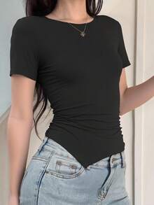 DAZY Kaos Wanita Lengan Panjang Pas Badan dengan Desain Asimetris - Hitam - View 5