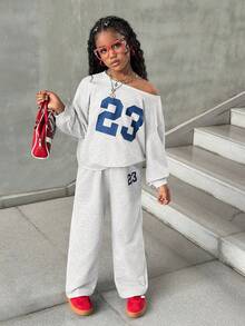 SHEIN 2pcs Tween Girls Numeric Print Loose Knit Sweatshirt Set, Casual Daily Versatile Fashion Mommy And Me Matching Outfits (2 Pieces Sold Separately) - Light Grey - View 6