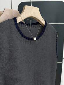 Franclia 女式休闲宽松圆领无袖针织撞色边卡其色毛衣上衣，春秋季 - 深灰色 - 查看 3