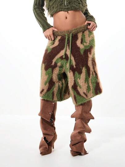 SUMWON WOMEN 超大毛绒针织迷彩印花宽松阔腿抽绳裤裙短裤冬季节日 Y2K 秋季舒适保暖派对装个性下装