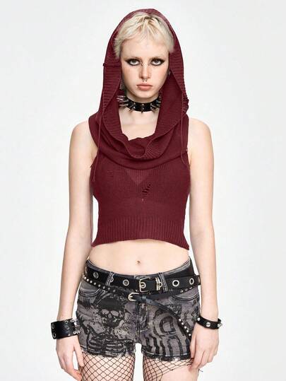 Grunge Punk Fashionable Sexy Solid Color Distressed Cropped Sleeveless Hooded Knit Top