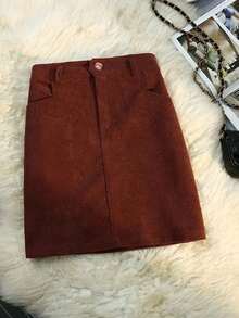 Franclia 女式复古灯芯绒高腰 A 字口袋纹理纯棕色半身裙，开学季，冬季 - 棕色 - 查看 1