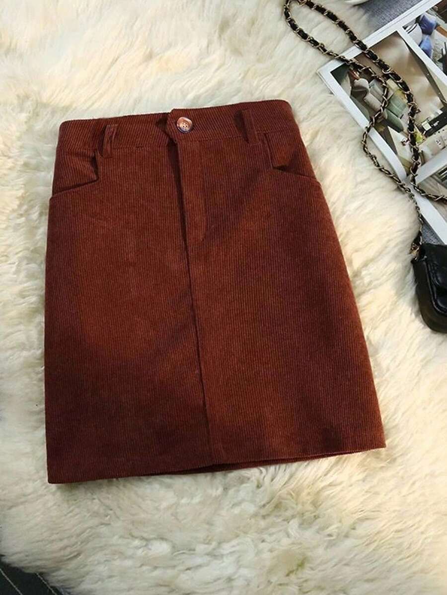 Franclia 女式复古灯芯绒高腰 A 字口袋纹理纯棕色半身裙，开学季，冬季 - 棕色 - 查看 1