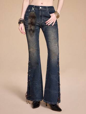 Grunge Punk Vintage Distressed Denim Flare Jeans With Tie Belts & Mini Raccoon Decor, Shibuya Girl Style