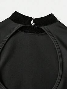 青少年女孩两件套芭蕾舞服套装：黑色长袖高领紧身衣和裙子。高弹力紧身服装，适合芭蕾舞、健身训练 - 黑色 - 查看 7